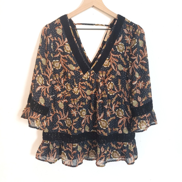 NEW!! Les Serein Women Size S BOHO Floral Peasant 3/4 Sleeve Blouse Top Navy - Picture 7 of 15